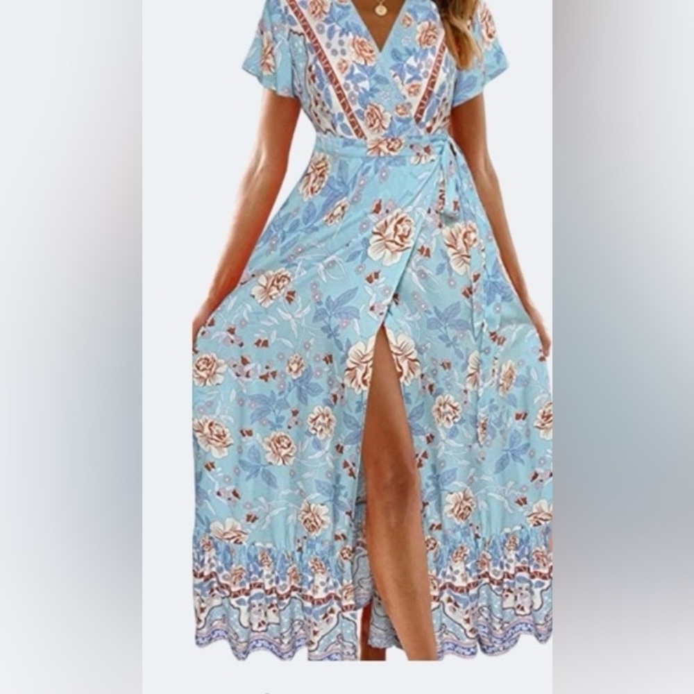 NWOT Floral V-neck Wrap around Maxi Dress in Blue and White